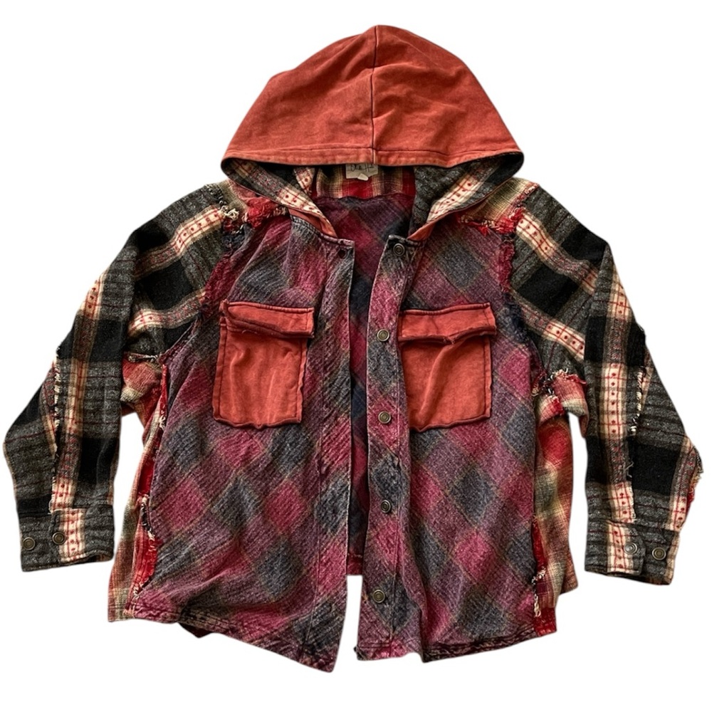 Oli & Hali Patchwork Oversized Hooded Shacket Jacket Button Up Boho Flannel Med